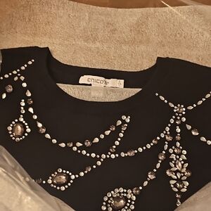 Chico's Black Jewel-Embellished Crewneck Sweater